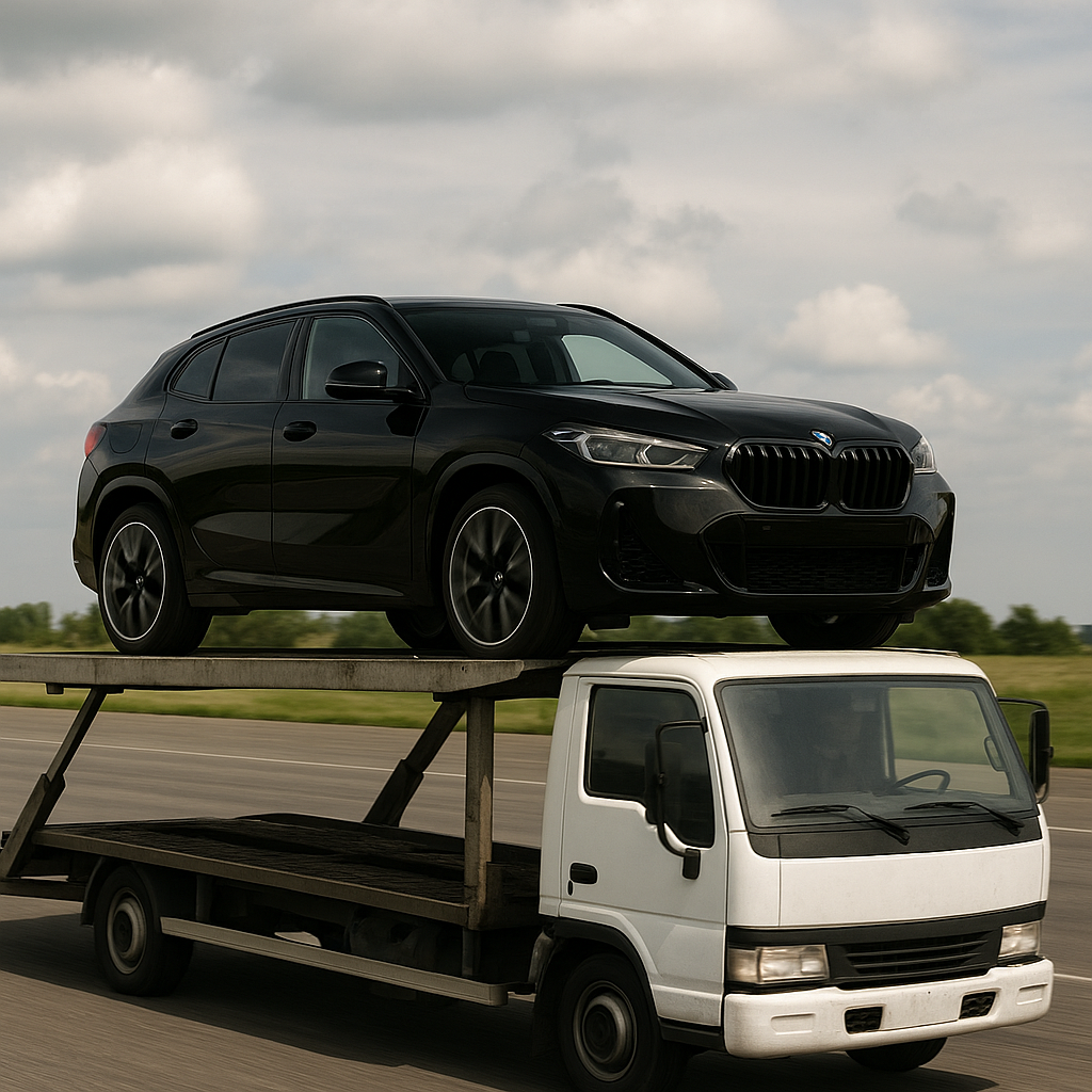 zwarte bmw op vrachtwagen