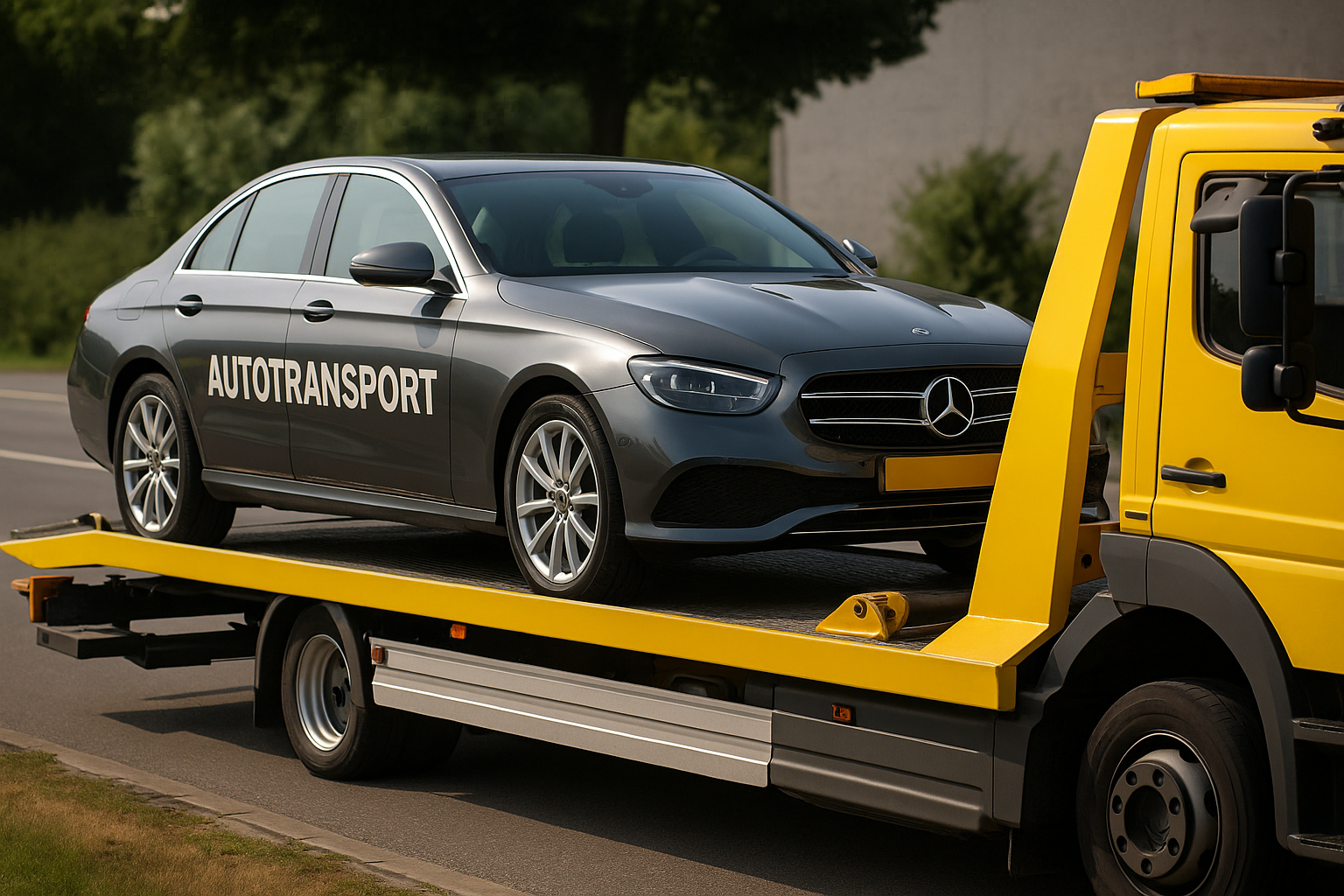 werkauto wordt getransporteerd